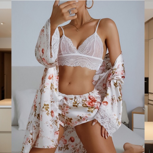 Floral Print Belted Satin Robe With Lingerie Set